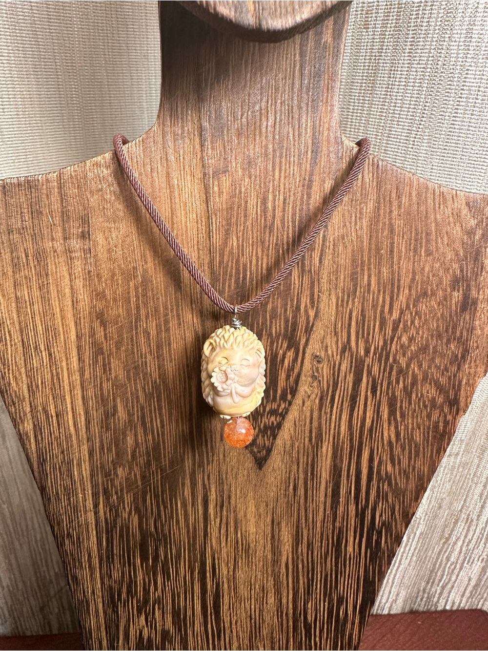 Alashan Agate Hedgehog Charm Pendant Necklace with Sunstone on Brown Rope - Picture 3 of 14